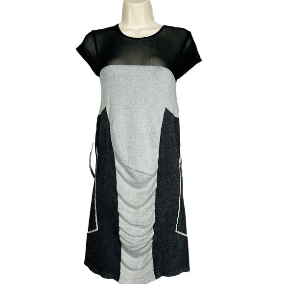 NEW! Bebe Stretch Bodycon Dress Mesh Top Knit Jersey Mini Gray Black - M / L - Picture 1 of 5